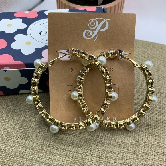 Plunder Design Faux Pearl Rhinestone Gold Tone Hoop Earrings - Picture 1 of 4
